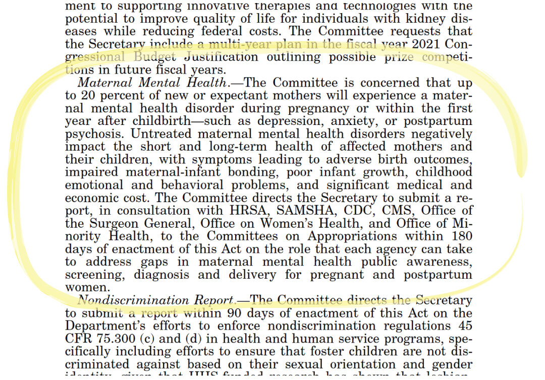 Maternal Mental Health.—The Committee is concerned that upto 20 percent of new or expectant mothers will experience a maternalmental health disorder during pregnancy or within the firstyear after childbirth—such as depression, anxiety, or postpartum…