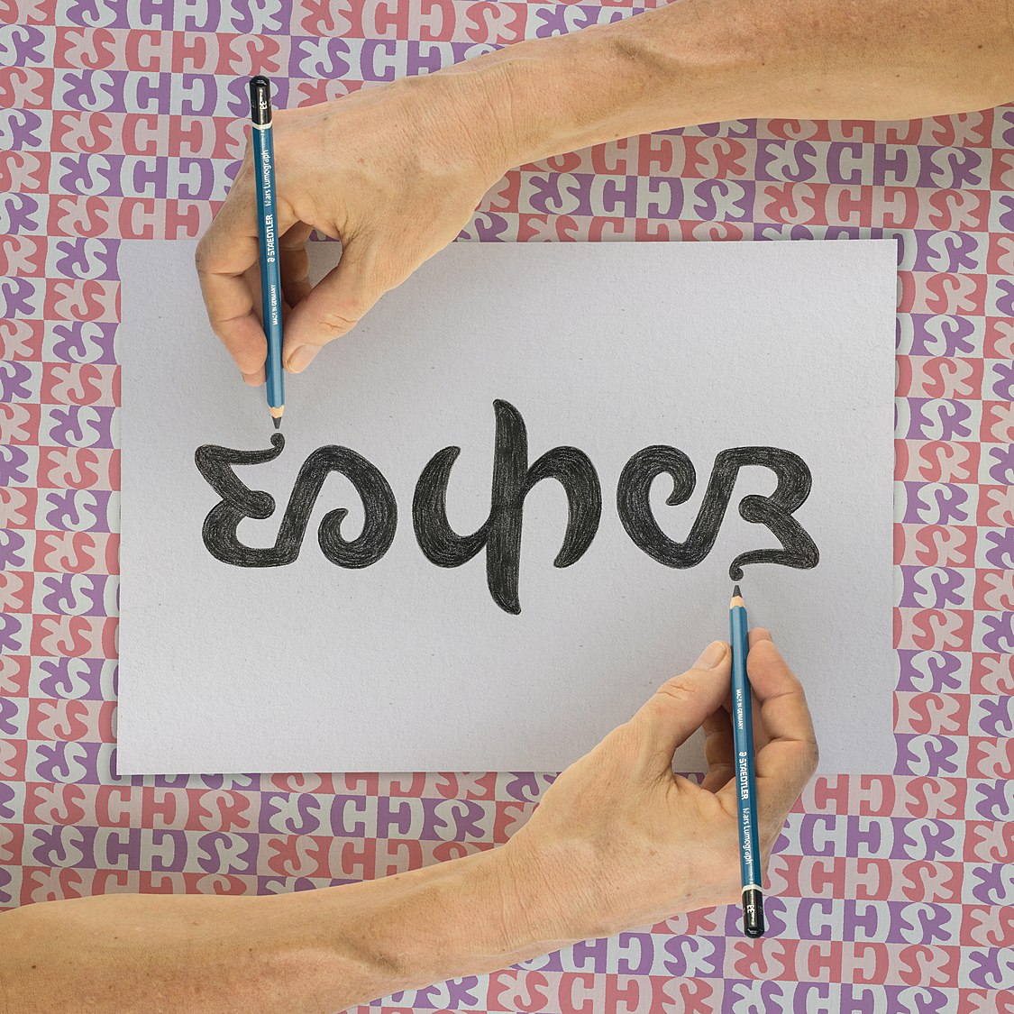 :File:Ambigram Escher and tessellation background - photomontage with reversible hands.jpg