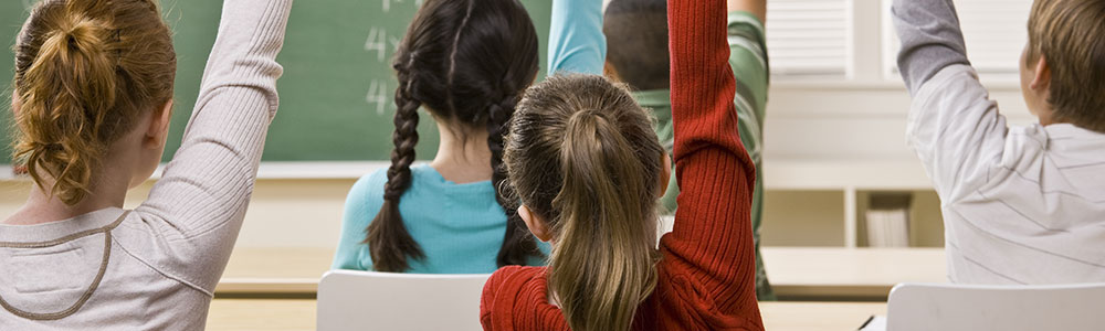 A group of students from behind in a classroom raising their hands