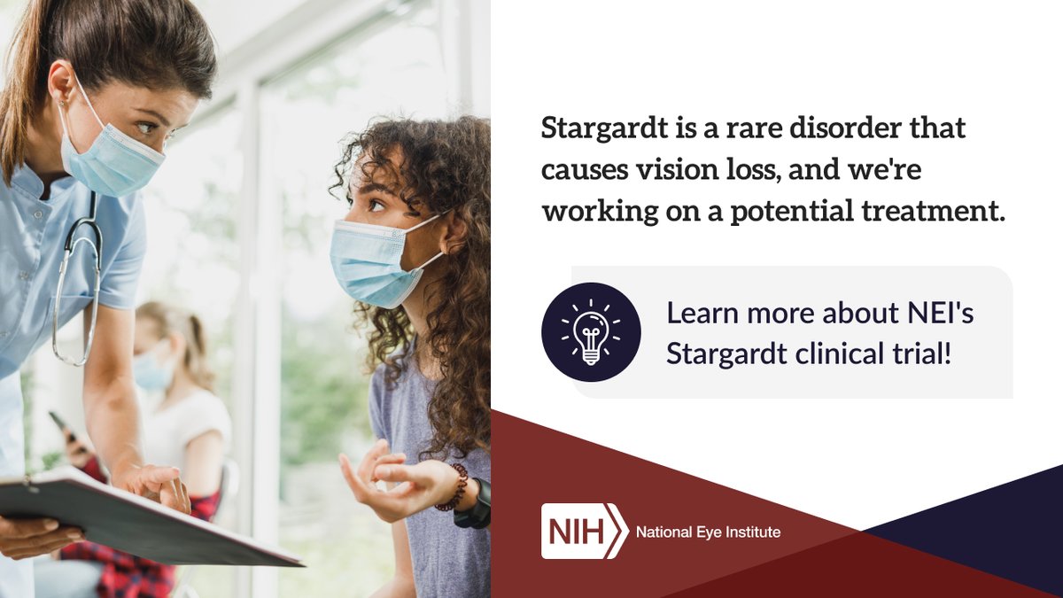 Stargardt campaign graphic with an image of a doctor speaking to a college student next to the text: "Stargardt is a rare disorder that causes vision loss, and we're working on a potential treatment. Learn more about NEI's Stargardt clinical trial".