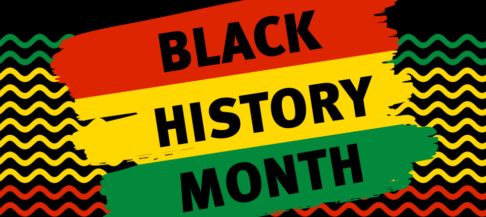 Text 'Black History Month' on a red, yellow and green patterned background