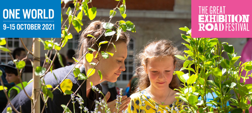 Woman and a girl looking at lavender to promote 'One World' 9-15 October 2021