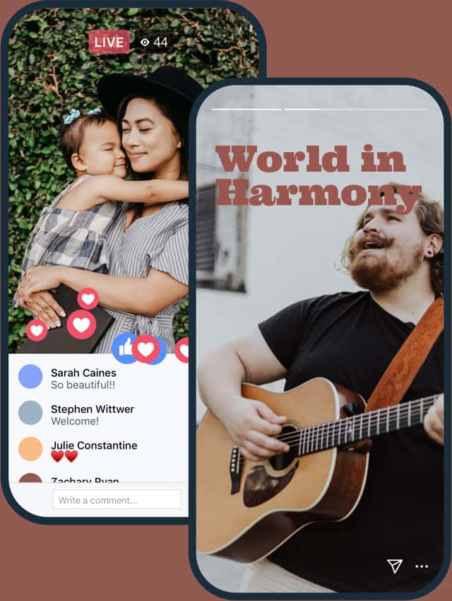 Mobile sermon on Facebook Live of woman hugging child and users engaging and on Instagram of man playing guitar