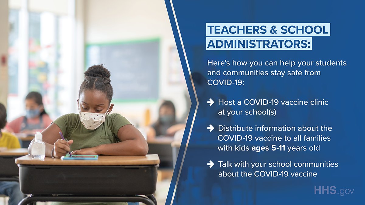 Teachers & School Administrators: 

Here’s how you can help your students and communities stay safe from COVID-19:

- Host a COVID-19 vaccine clinic at your school(s)
- Distribute information about the COVID-19 vaccine to all families
  with kids ages 5-11 years old
- Talk with your school communities about the COVID-19 vaccine