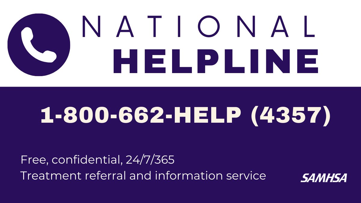 National Helpline 1-800-662-HELP (4357)
Free, confidential, 24/7/365
Treatment referral and information service