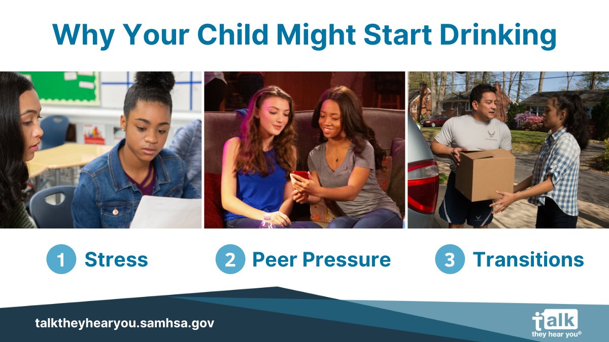 Why your child might start drinking:
1. Stress 2. Peer pressure 3. Transition