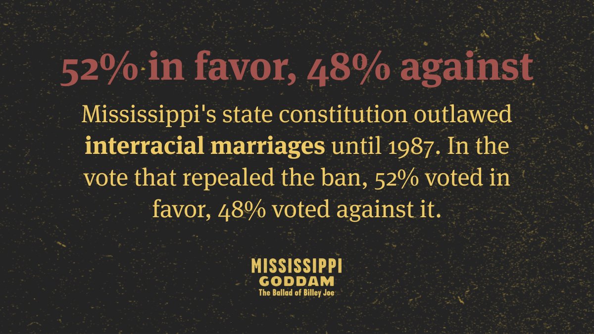 52% in favor, 48% against - Mississippi's state constitution outlawed interracial marriages until 1987. In the vote that repealed the ban, 52% voted in favor, 48% voted against it.