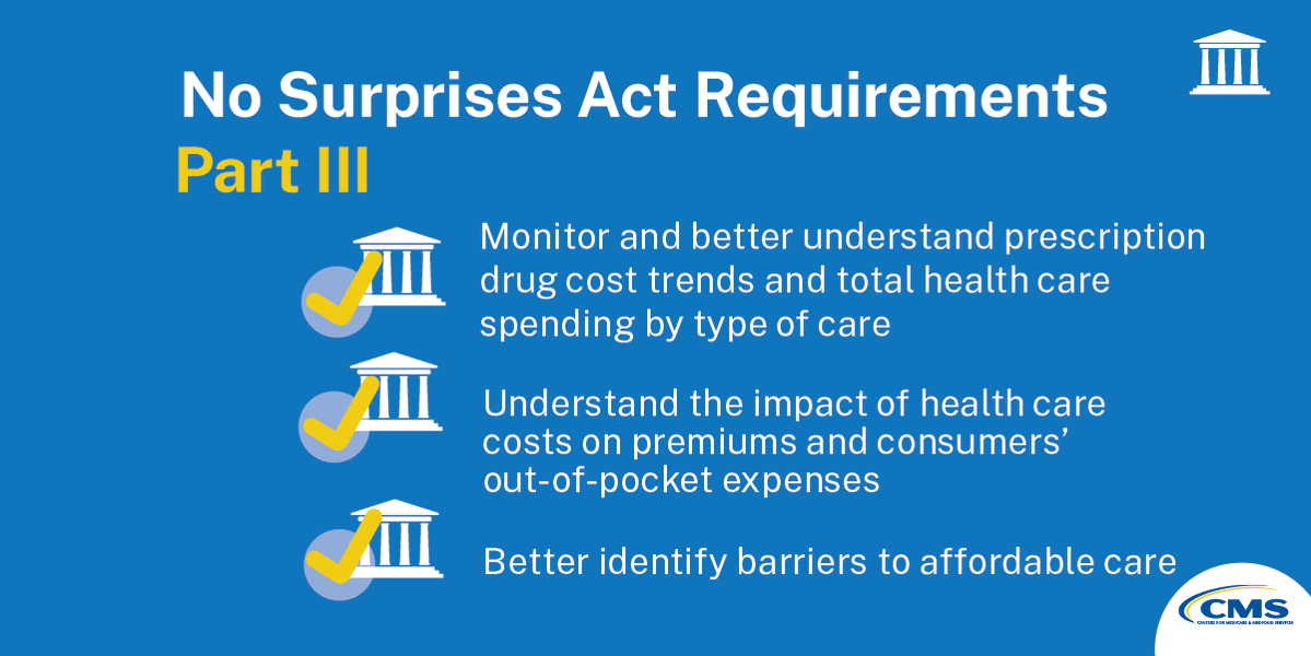 No Surprises Act Requirements, Part III

Monitor and better understand prescription drug cost trends and total health care spending by type of care

Understand the impact of health care costs on premiums and consumers’ out-of-pocket expenses 

Better identify barriers to affordable care 
