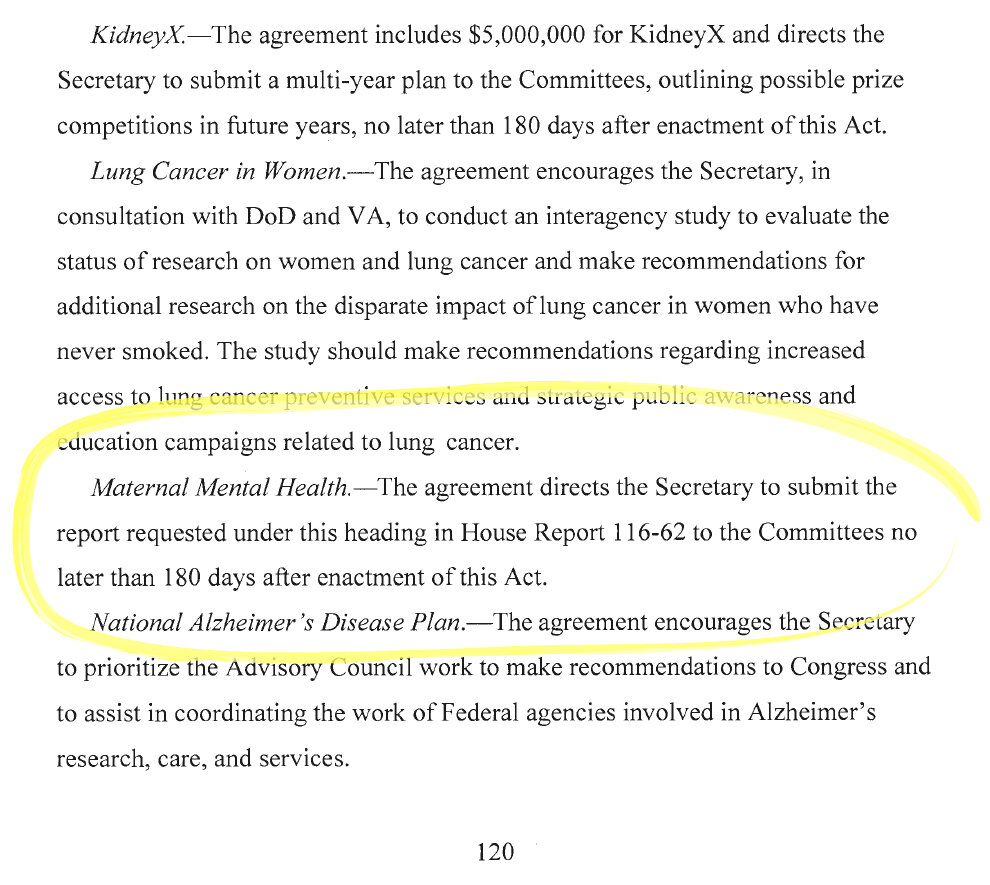 Maternal Mental Health.—The agreement directs the Secretary to submit the report requested under this heading in House report 116-62 to the committees no later than 180 days after enactment of this Act.