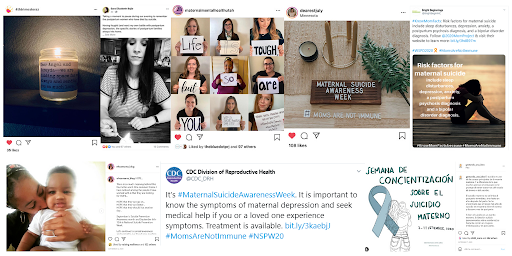 Social media posts from the 2020 Maternal Suicide Awareness Campaign