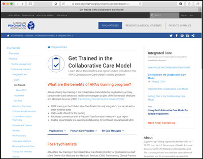 Complimentary Collaborative Care Training for Psychiatrists through the APA