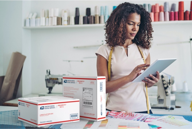 Person preparing to ship a package.