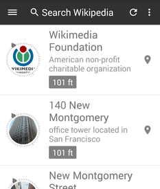 "Nearby" feature in Wikipedia beta Android app, cropped