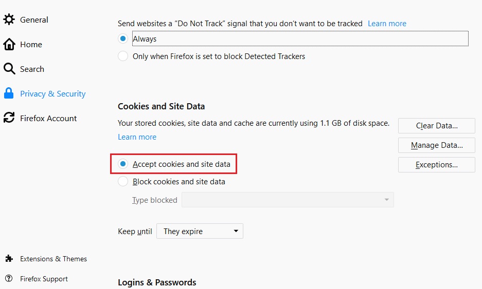 Firefox Cookies and Site Data