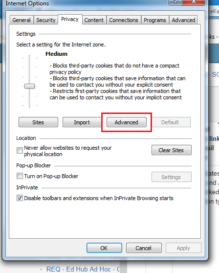 Internet Explorer Privacy Tab Advanced