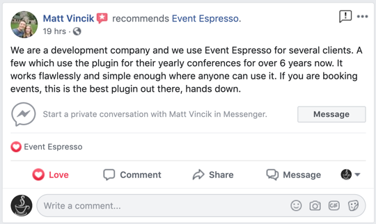 matt vincick's review of Event Espresso for developers and agencies