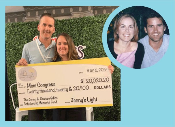 L: Randy Gibbs presenting a scholarship fund check to Joy Burkhard at Mom Congress 2019.  R: Randy with his sister Jenny.