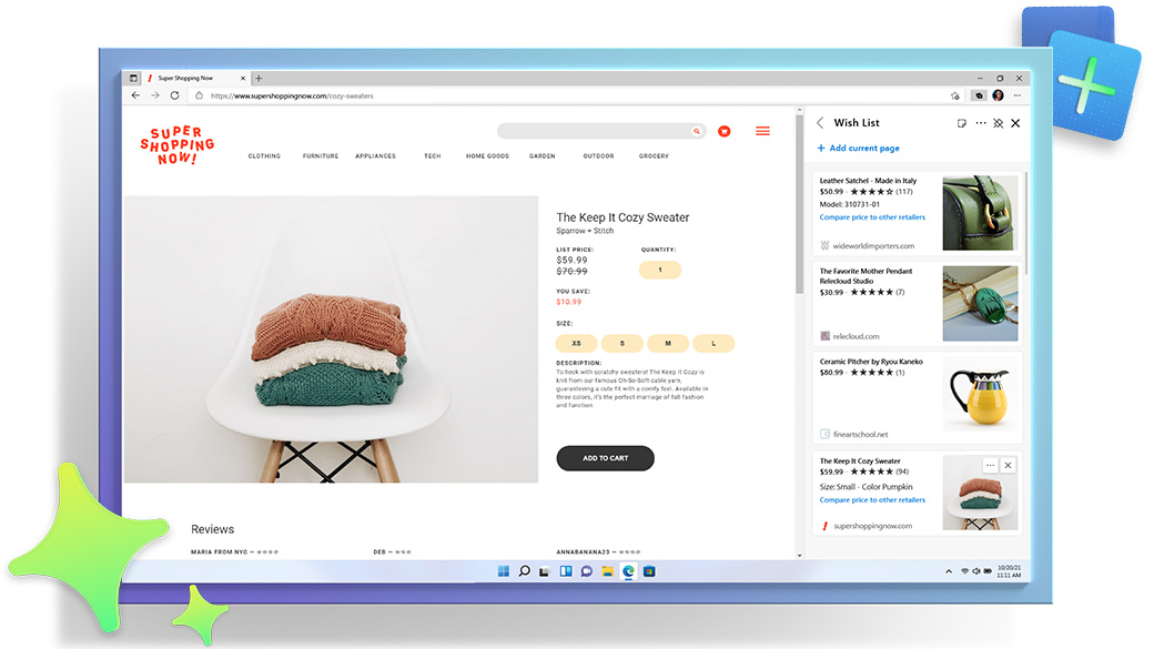 Microsoft Edge browser window, showing a shopping webpage with the Collections feature