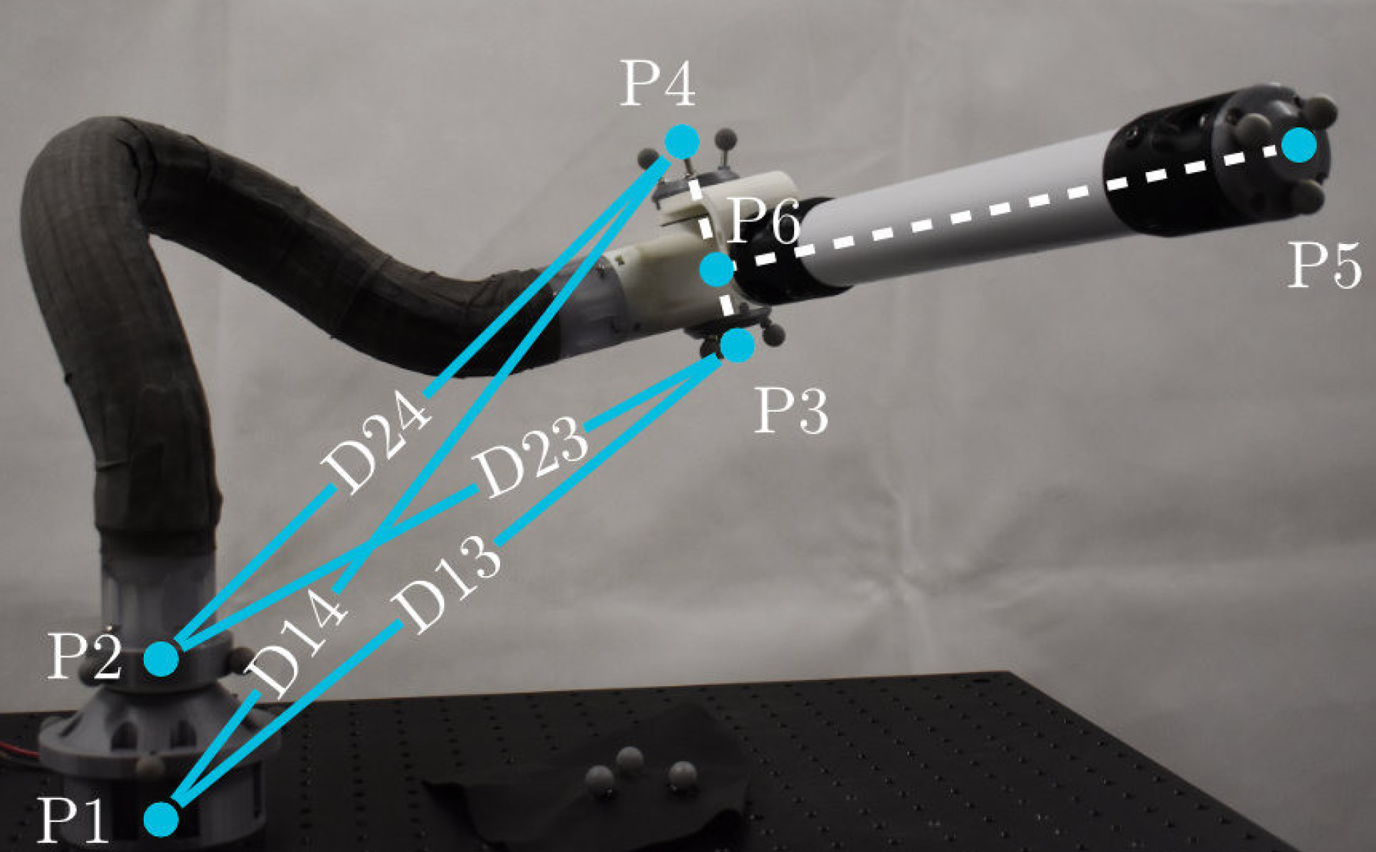 Photo of the robot up close. It has a bendy arm and a rigid, smaller arm at the end