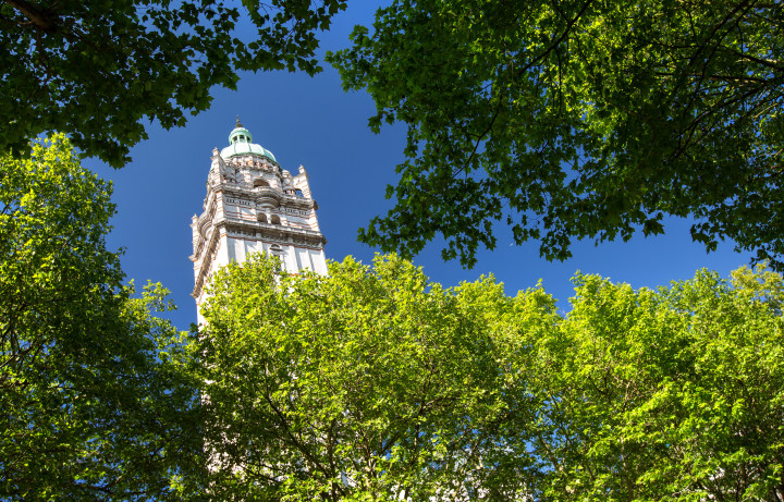 Queens tower through green trees in summer