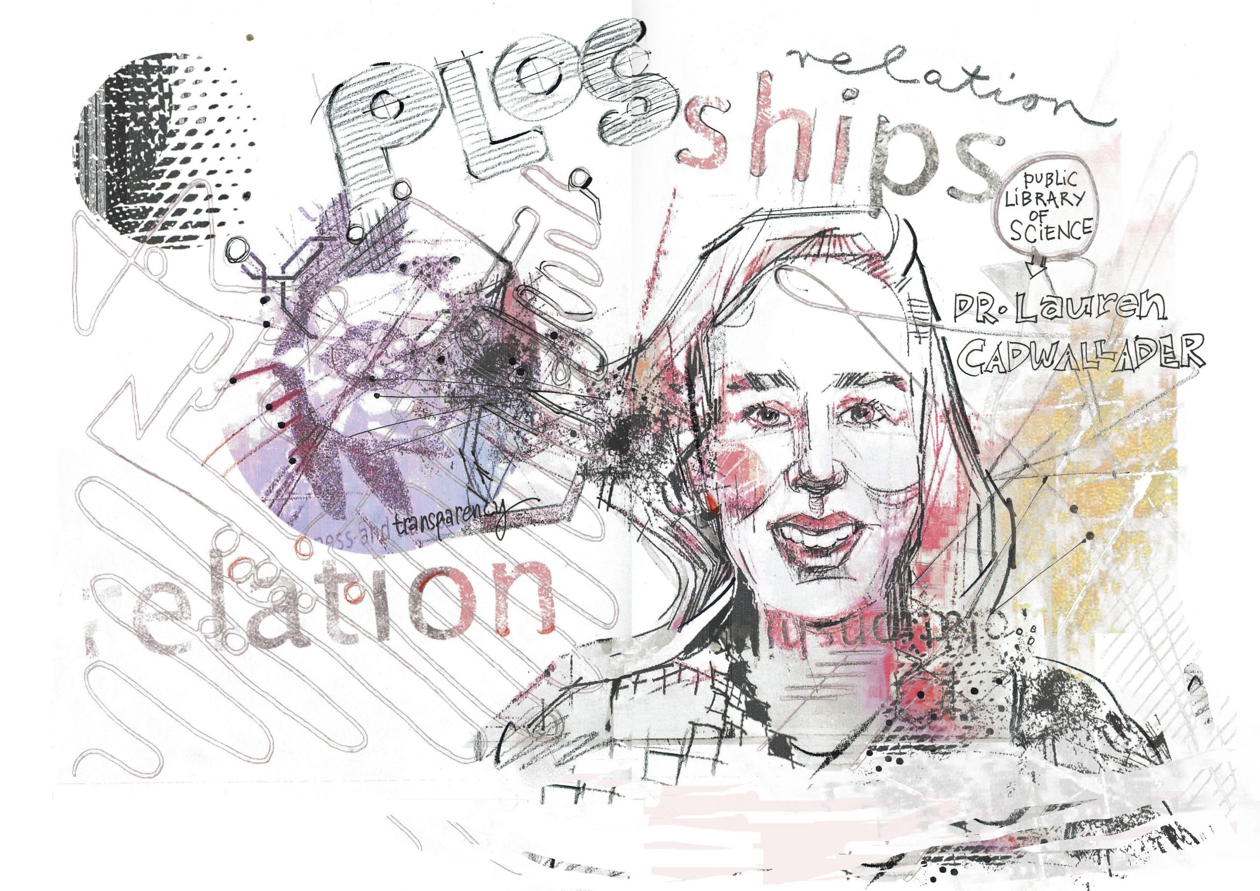 Drawing of a woman with various sketches and words such as PLOS, Relationships in the background
