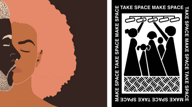 Two Call to Action Art Commissions. On the left: An illustration by Gucora Andu of two figures symbolizing internalized misogyny. On the right: Black and white image by Aditi Abhijit Kulkarni of five figures in the compartment reserved for women in the Mumbai local trains with a black border with white letters that repeat the text ?Take Space, Make Space'