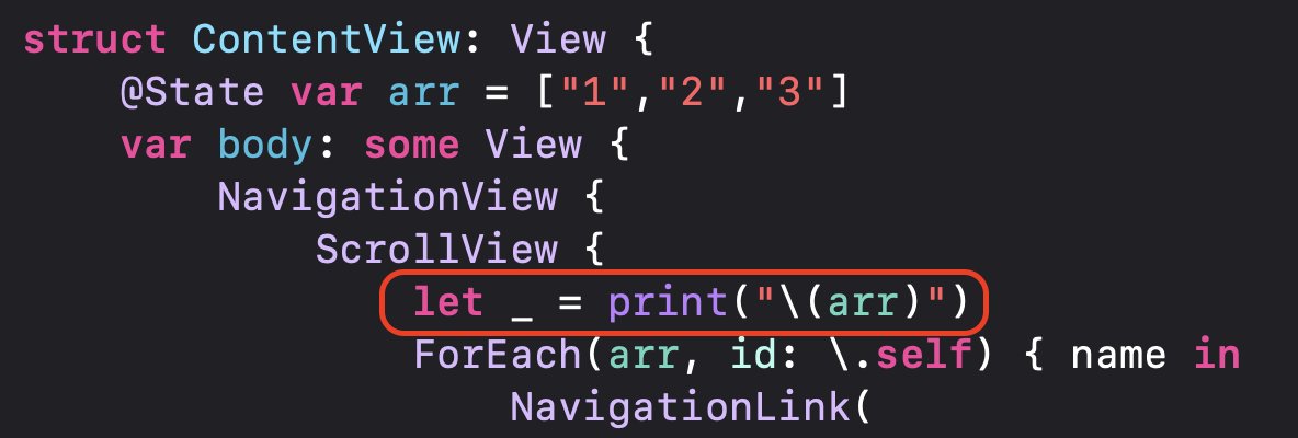 SwiftUI code that shows that you can use a "let _ =" to get a print statement to work.