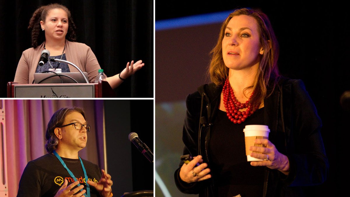 Speakers from previous WordCamp US in a collage of three. Clockwise from the upper left -- a person gesturing with the left hand, a person holding a hot beverage in their left hand and a clicker in the right hand, and a person gesturing with both hands speaking into a microphone at the podium.

Photo Credits (clockwise from the upper left): Robin Cornett, Zach Stepek, and Kevin Koehler.