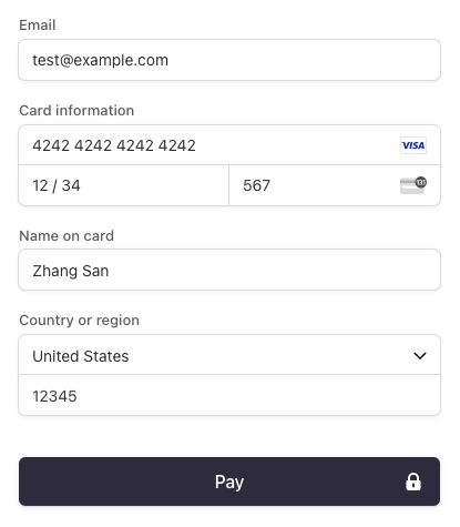 An example payment form showing how to enter a test card number. The card number is "4242 4242 4242 4242", the expiration date is "12/34", and the CVC is "567". Other fields have arbitrary values. For instance, the email address is "test@example.com"