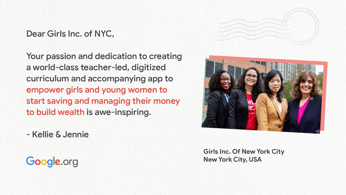 Dear Girls Inc. of NYC, Your passion and dedication to creating a world-class teacher-led, digitized curriculum and accompanying app to empower girls and young women to start saving and managing their money to build wealth is awe-inspiring. From, Kellie and Jennie. Featuring a photo of Girls Inc. of New York City.