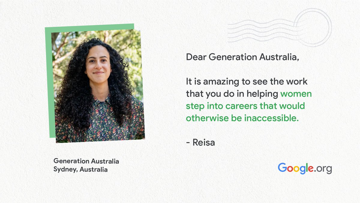 Dear Generation Australia, It is amazing to see the work that you do in helping women step into careers that would otherwise be inaccessible. From, Reisa. Featuring a photo of Generation Australia from Sydney, Australia.  