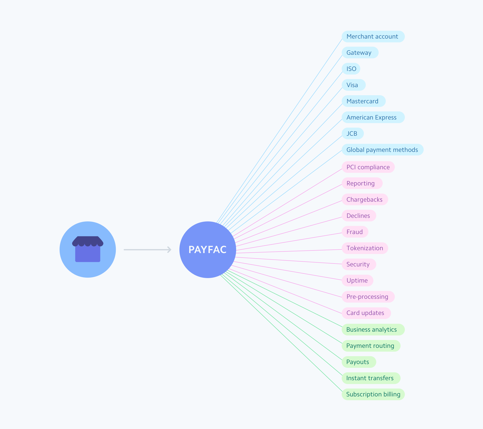 The payfac takes on setting up and managing multiple relationships and systems—the ones the merchant would otherwise need to establish and maintain with each individual party.