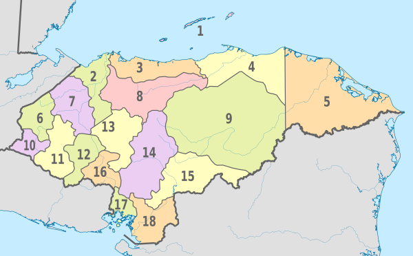 Honduras, administrative divisions - Nmbrs - colored.svg