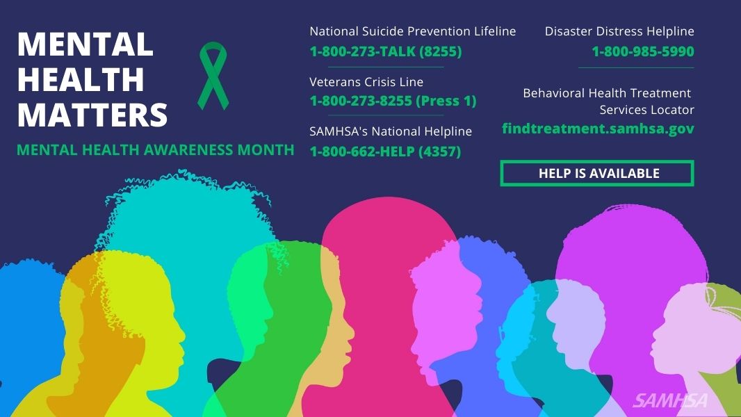 Mental Health Matters
Mental Health Awareness Month
National Suicide Prevention Lifeline 1-800-273-TALK (8255)
Disaster Distress Helpline
Call or Text: 1-800-985-5990
Veterans Crisis Line
1-800-273-TALK (8255) Press 1
Behavioral Health Treatment Services Locator
findtreatment.samhsa.gov
SAMHSA's National Helpline
1-800-662-HELP (4357)
Help is available