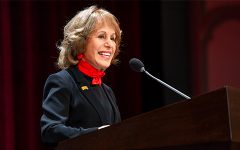 USC President Carol L. Folt delivers the 2022 State of the University address at Bovard Auditorium.