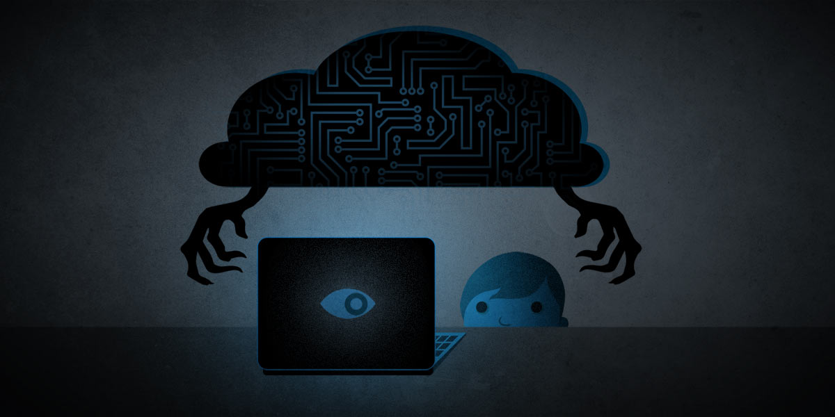 a dark cloud is hovering over a child at a laptop. the cloud has circuits running through it and the laptop has an eye where the logo should be. the cloud has creepy hands, the hands are reaching around the child