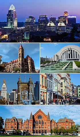 Clockwise, from top: Downtown Cincinnati skyline, Cincinnati Union Terminal, the Over-the-Rhine neighborhood, Cincinnati Music Hall, the John A. Roebling Suspension Bridge, and Cincinnati City Hall