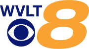 An orange italicized 8 in a sans serif font. To the left, the letters WVLT and the CBS eye in blue.