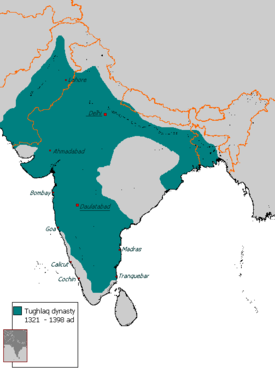 Territory under Tughlaq dynasty of Delhi Sultanate, 1330-1335 AD. The empire shrank after 1335 AD.[2][3]