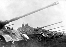 A row of seven large German tanks from World War Two lined up with their long cannons pointing up at an angle, as if saluting