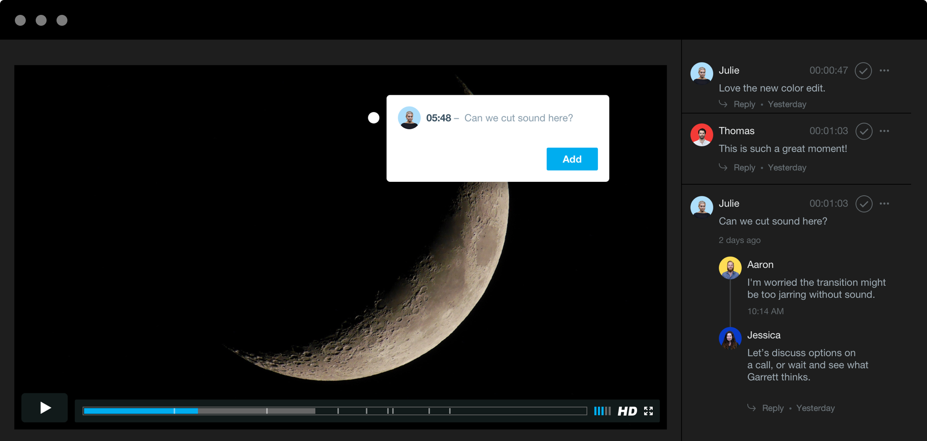 A review page, showing a clip of a moon with someone leaving a time-coded note that says “Can we cut sound here?” and a panel on the lefthand side that contains notes and responses left by other reviewers.