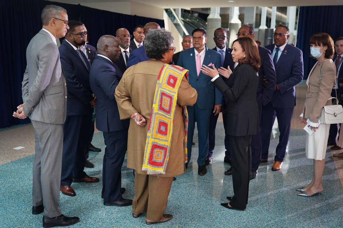 Vice President Harris speaking to leaders of the Caribbean at Summit of the Americas.