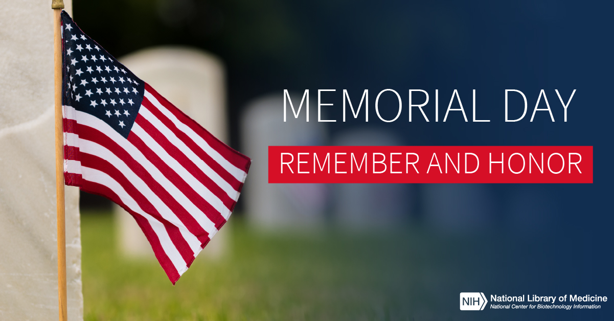 American flag in foreground and blurred images of gravestones in background. Text reads: Memorial Day Remember and Honor