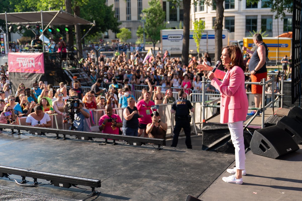 Vice President Harris speaking to the crowd on stage at DC Pride in Washington, DC.