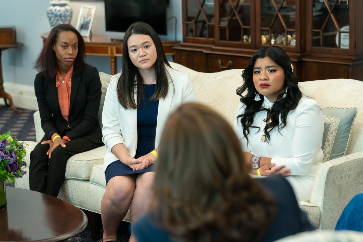 Guerds Jean, Ellen Lee, and Yazmin Valdez listen to Vice President Harris. Seated in her West Wing Office.