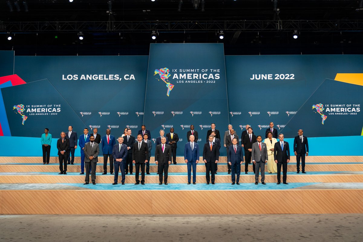 President Biden poses for a photo with leaders during the Summit of the Americas