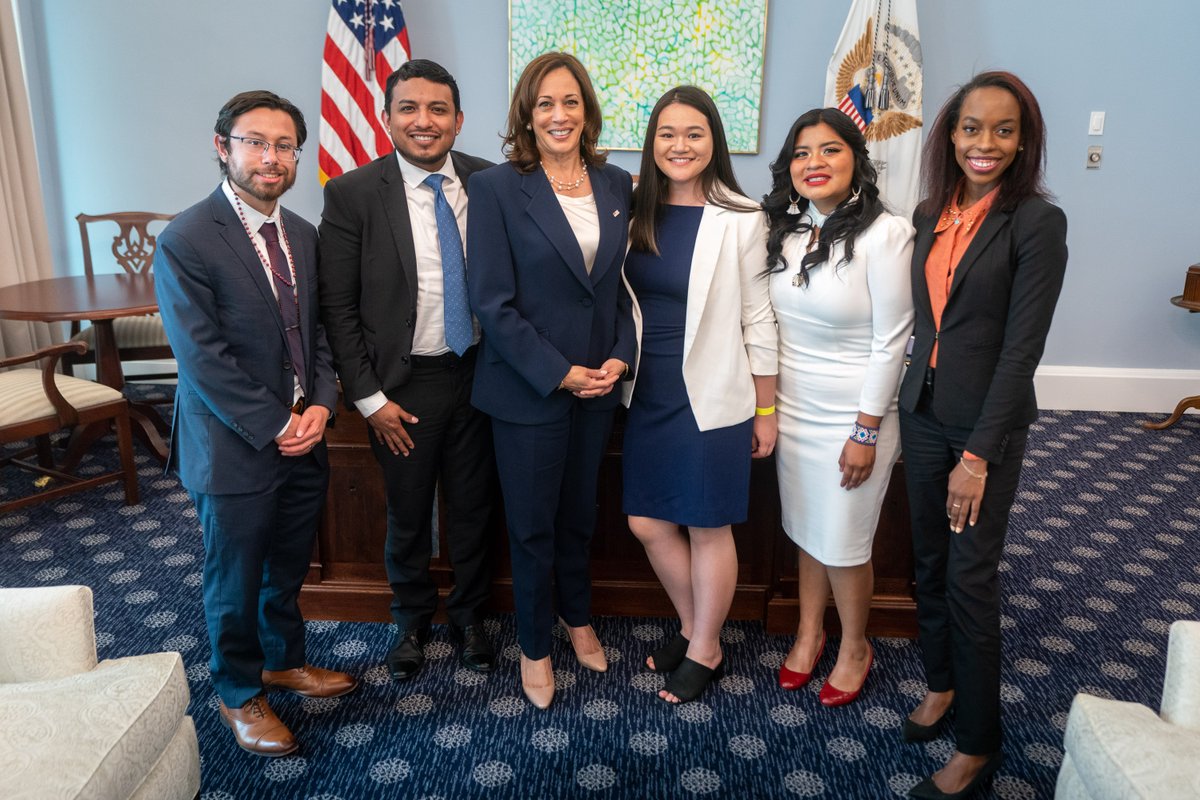 Vice President Harris stands with DACA recipients for a photo in her West Wing office.