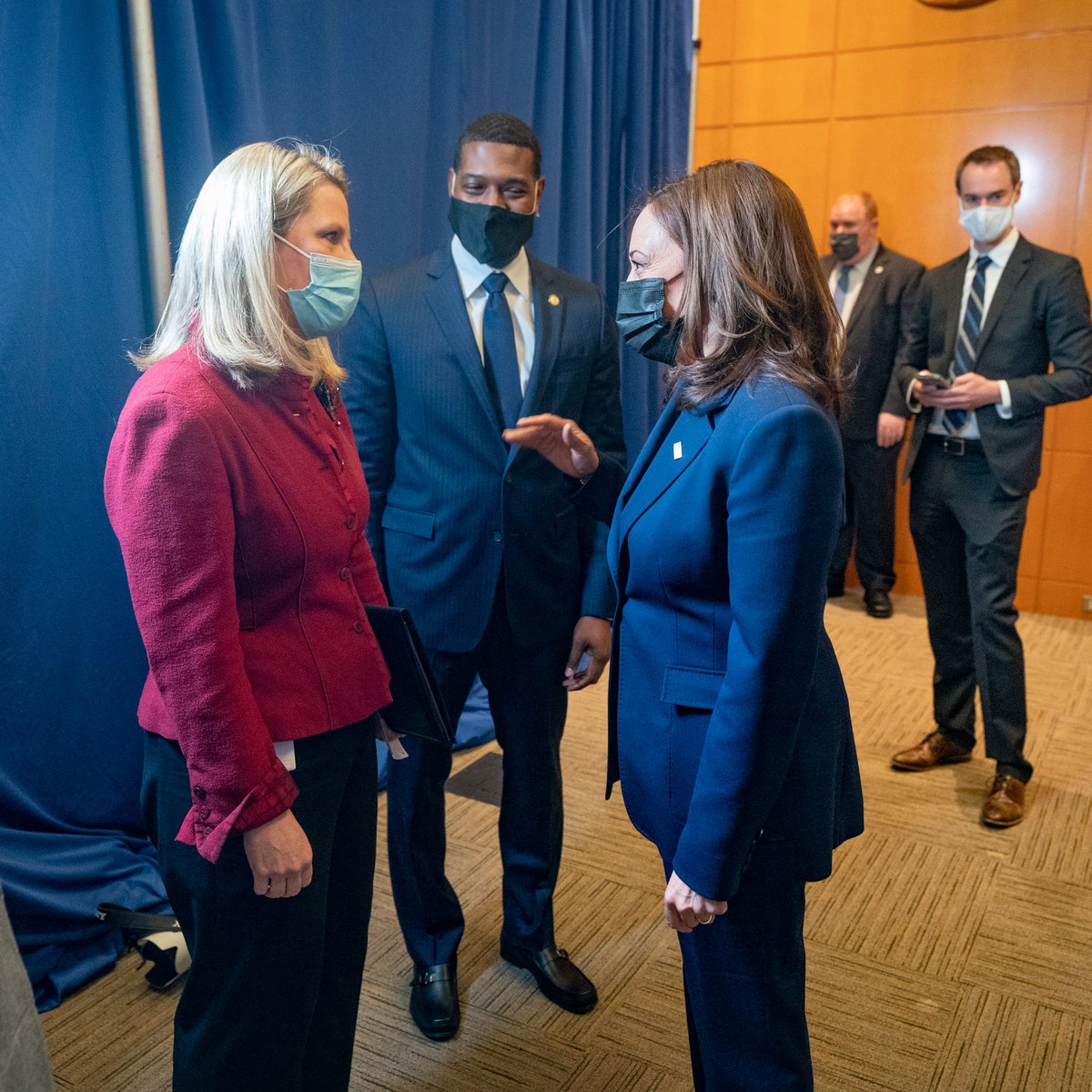 Vice President Harris speaking with AFL-CIO President Liz Shuler at a lead pipes event in December 2021.