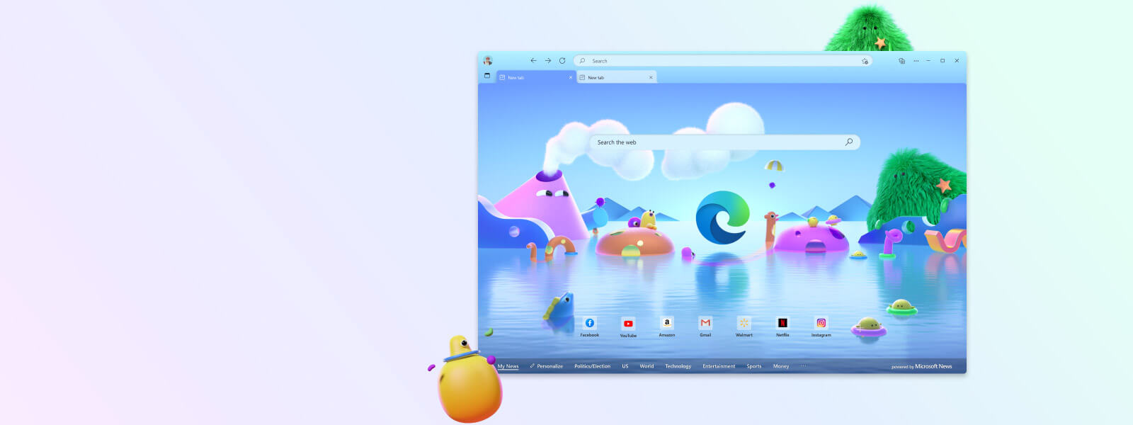 Microsoft Edge browser screen featuring various cartoon characters for Kids Mode