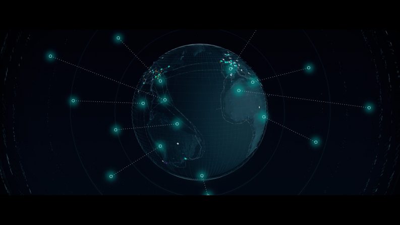 View of Earth from space, with circles and dotted lines indicating locations of datacenters